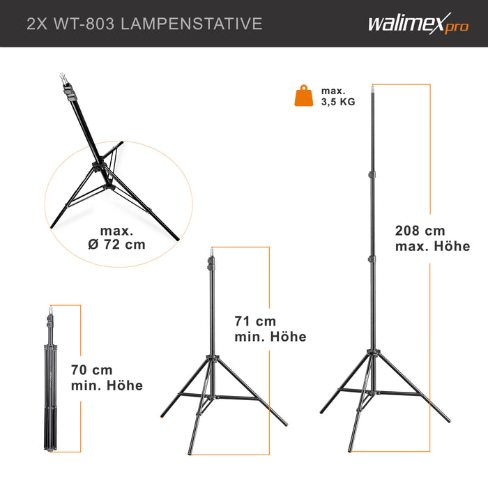 Walimex Pro set fotografico premium con 2x treppiede con 2x LED 45W Octagon Ø65cm Bi Colour e sistema completo di sfondo telescopico 120-307 cm con sfondo in tessuto bianco