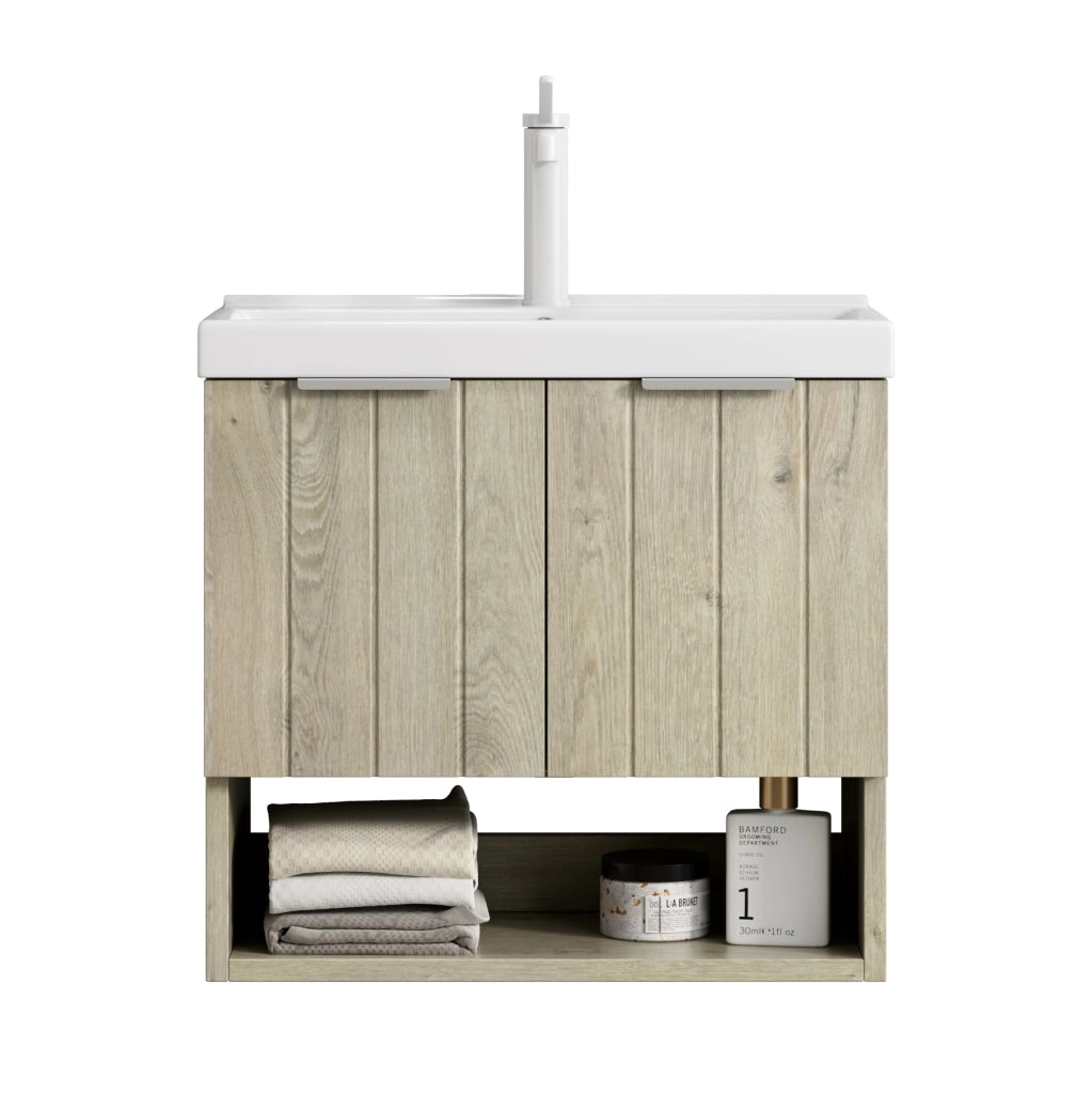 Mobile Bagno con Lavabo in Ceramica, Ante e Ripiano ¨C MINIMAL ¨C Rovere Crema 55cm