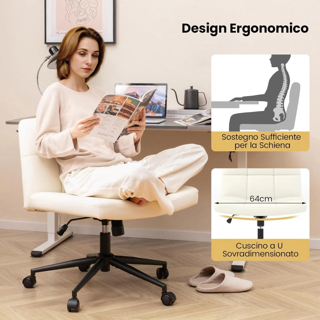 Sedia da Ufficio con Ruote, Sedia Scrivania a Gambe Incrociate Rivestita in Pelle PU, Sedia Ufficio con Altezza e Regolabile Regolabile, Sedai senza Braccioli, Portata 150 kg (Beige)