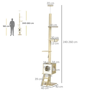 Tiragraffi a soffitto per gatti con cuccia, amaca e piattaforma 40x40x240-260 cm marrone