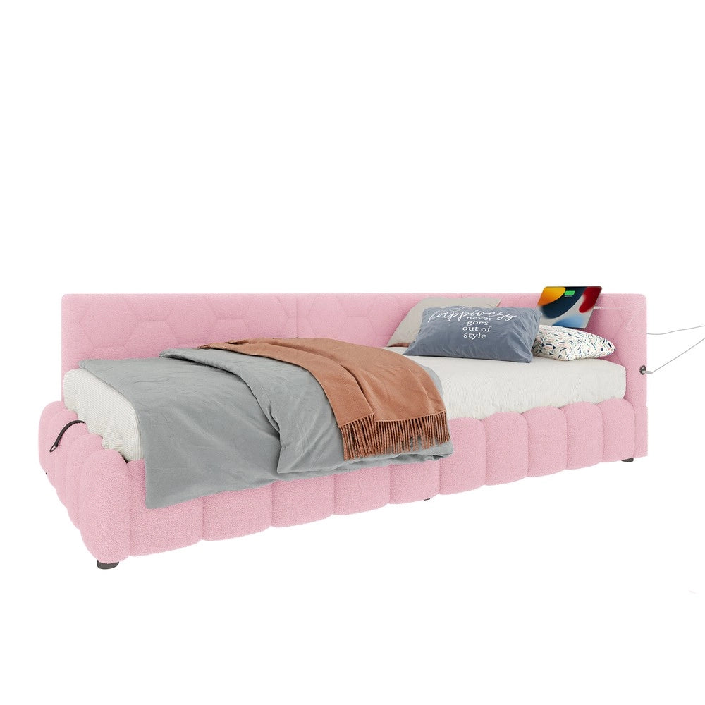 Letto Singolo Imbottito con LED e Contenitore Idraulico ¨C MINIMAL ¨C Rosa, 90x200 cm