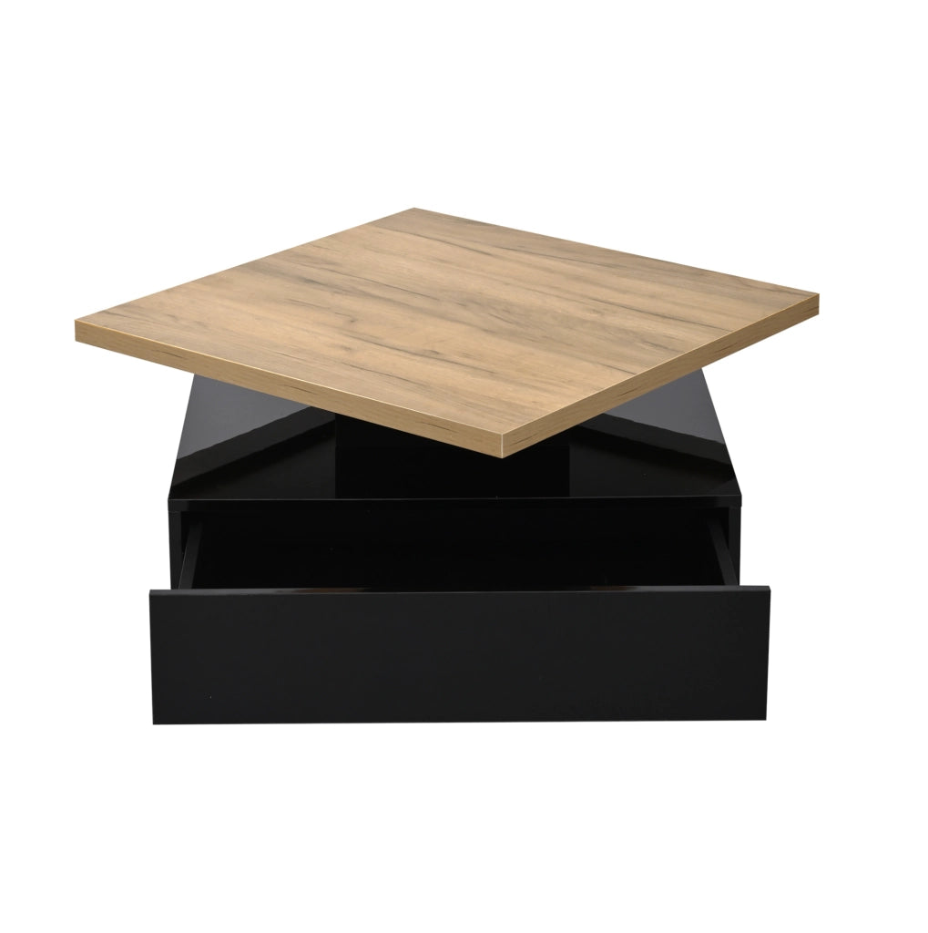 Tavolino da caffè quadrato 70x70x36 cm girevole 360° con vano portaoggetti in truciolare noce e nero lucido