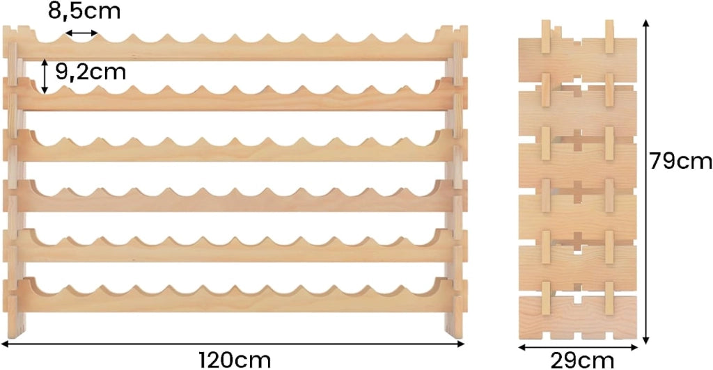 Portabottiglie in legno impilabile, scaffale per bottiglie per 72 bottiglie, portabottiglie con 6 livelli, supporto per bottiglie modulare per cucina e bar, scaffale in legno 120 x 29 x 79 cm