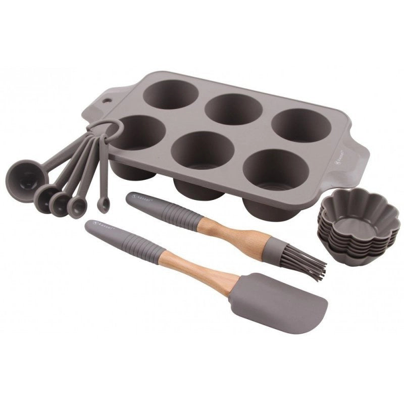 Kassel 93703 Set per la cottura di muffin in silicone con utensili in legno di acacia