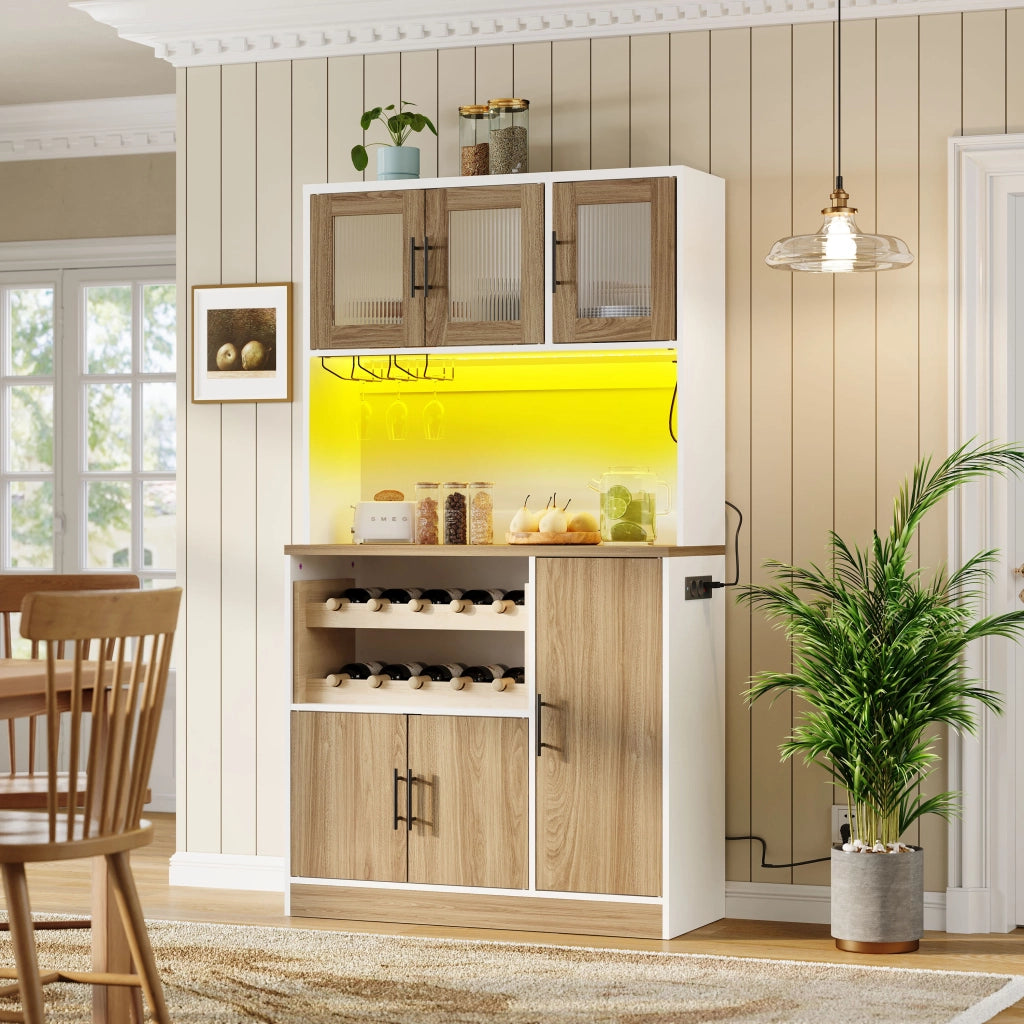 Dispensa alta con ripiani LED e presa elettrica in MDF bianco e naturale 100 × 40 × 180 cm