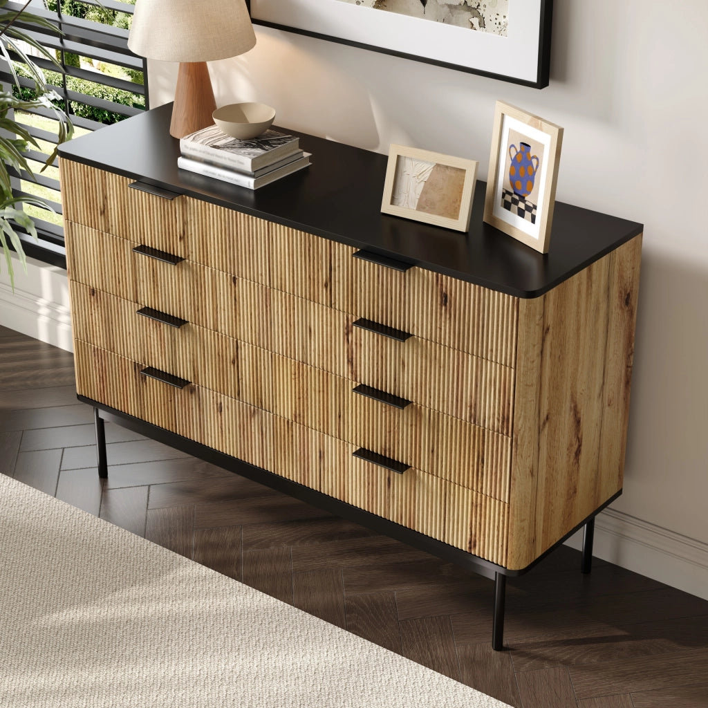 Credenza con 5 Cassetti; Rilievo Verticale; Piano Nero; Stile Moderno Nordico; in MDF; Naturale; 120??39;5??80 cm