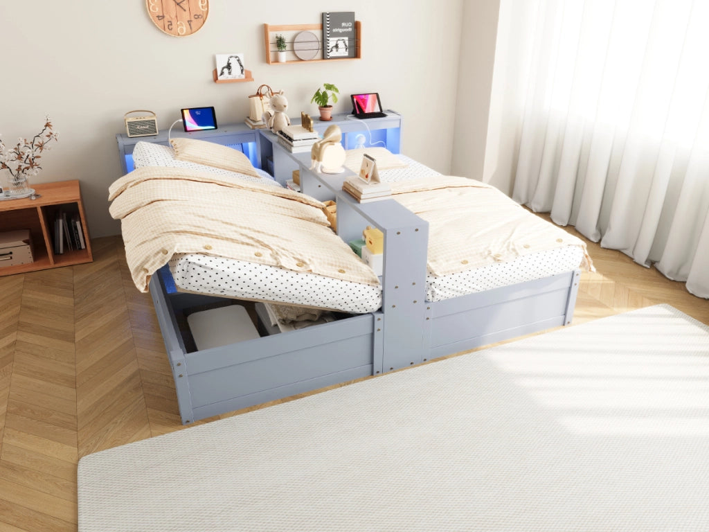 Letto combinato 90/180 × 200 cm con prese, LED, contenitore idraulico, senza materasso, in MDF, grigio