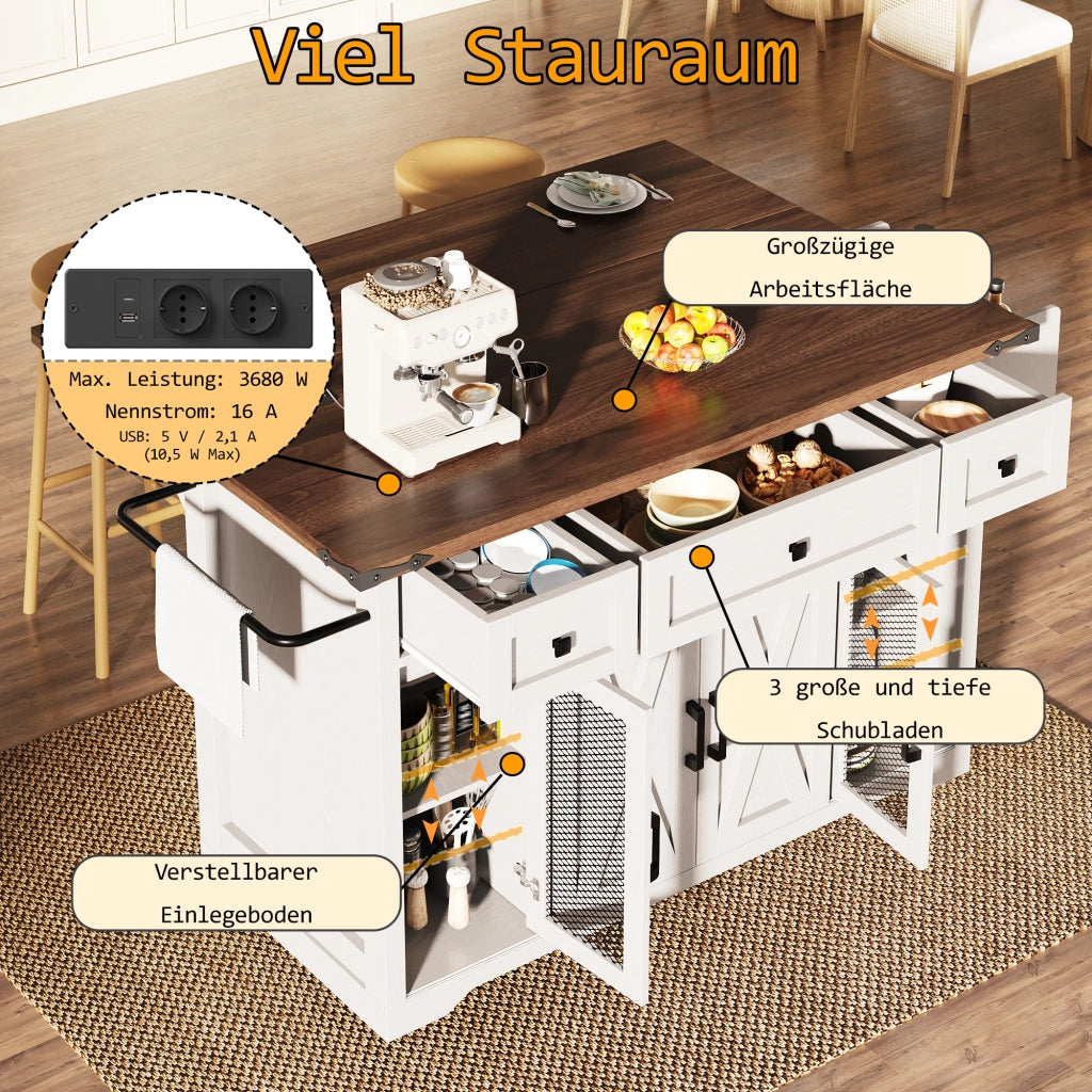 CARRELLO DA CUCINA 120,2x45,3x91,5 cm MDF Bianco con prese e USB