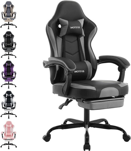 Sedia da Gioco Nero/Grigio | Sedia Ergonomica per Ufficio con Pelle PU, Schienale Regolabile 90°-135°, Supporto Cervicale e Cuscino Lombaro, Sedia Rotante fino a 136 kg, per Gamer e Ufficio