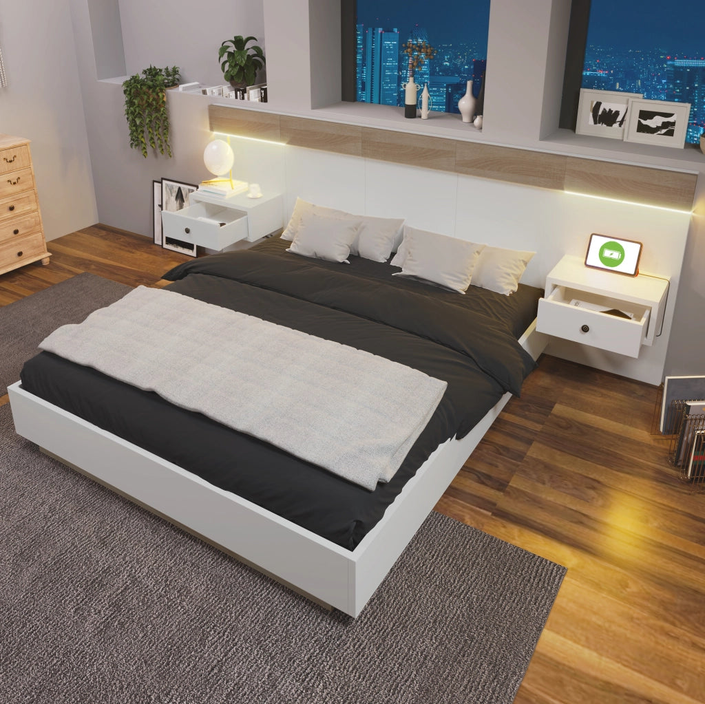 Letto matrimoniale 140x200 cm con 2 comodini LED; prese USB e USB-C; bianco e rovere sonoma