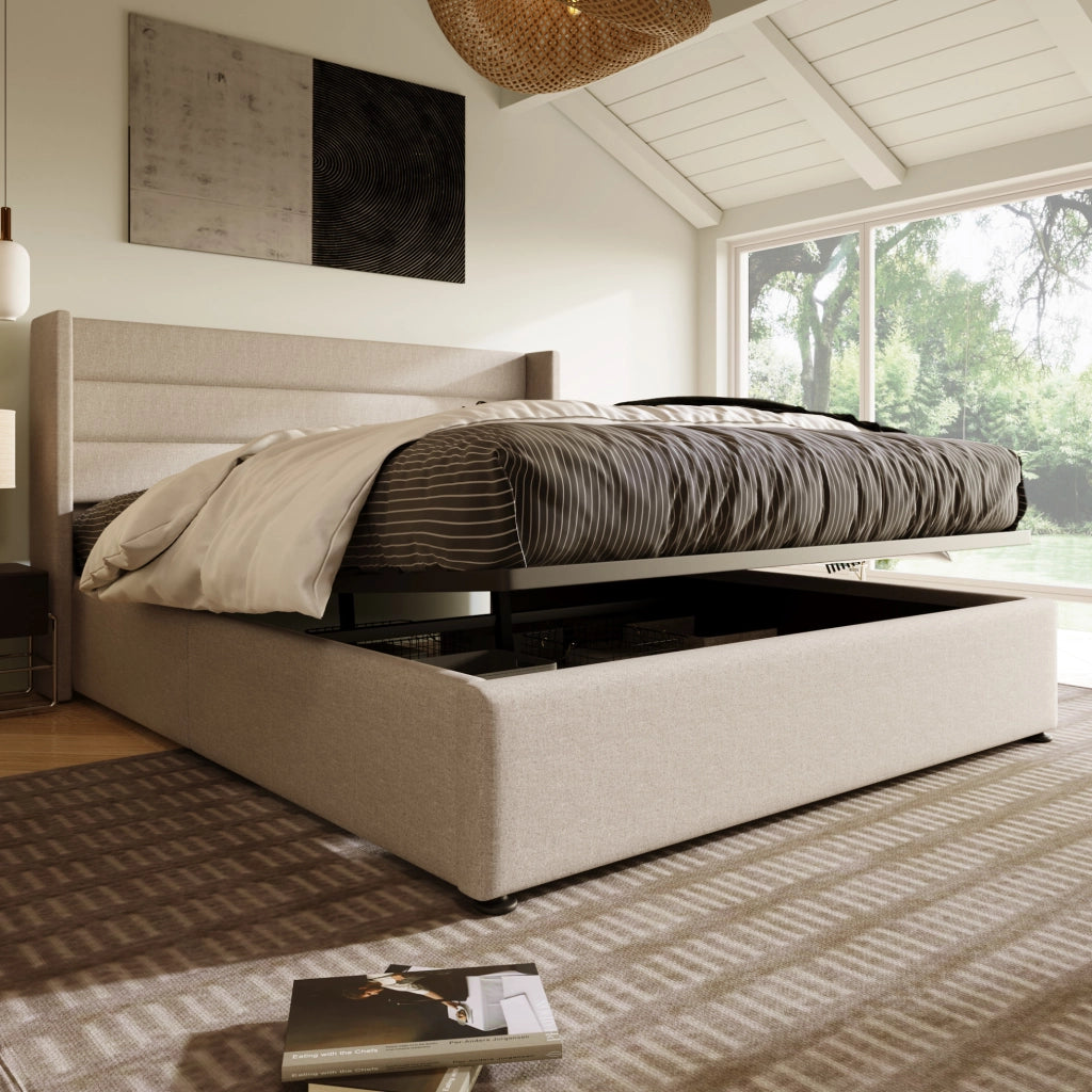 Letto matrimoniale contenitore 140x200 cm in lino beige con rete sollevabile e testiera imbottita