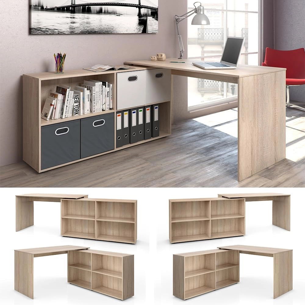 Scrivania angolare FlexPlus, Sonoma, 137 x 60 cm, con scaffale aperto e possibilità di posizionamento variabile