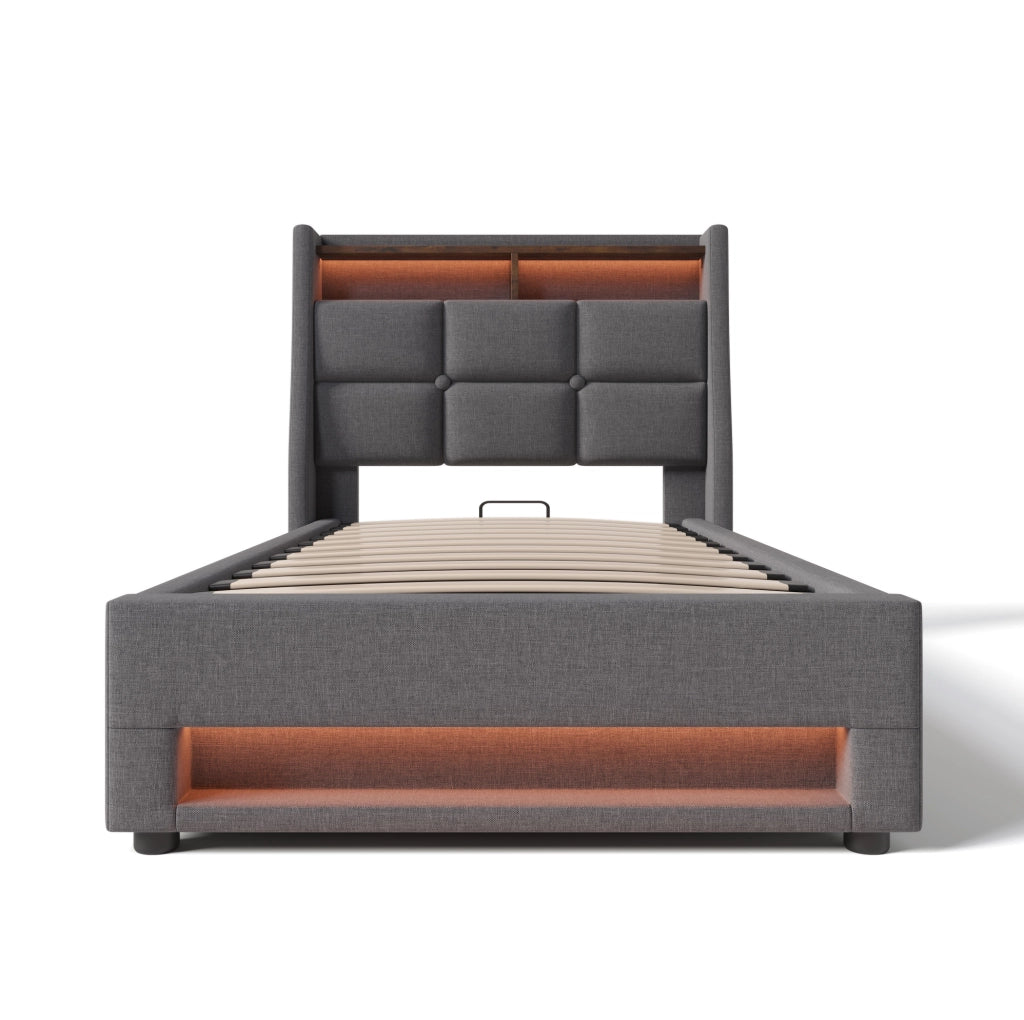 Letto singolo imbottito ULEVR 90x200 cm con materasso, contenitore a gas, LED e 2 USB, grigio