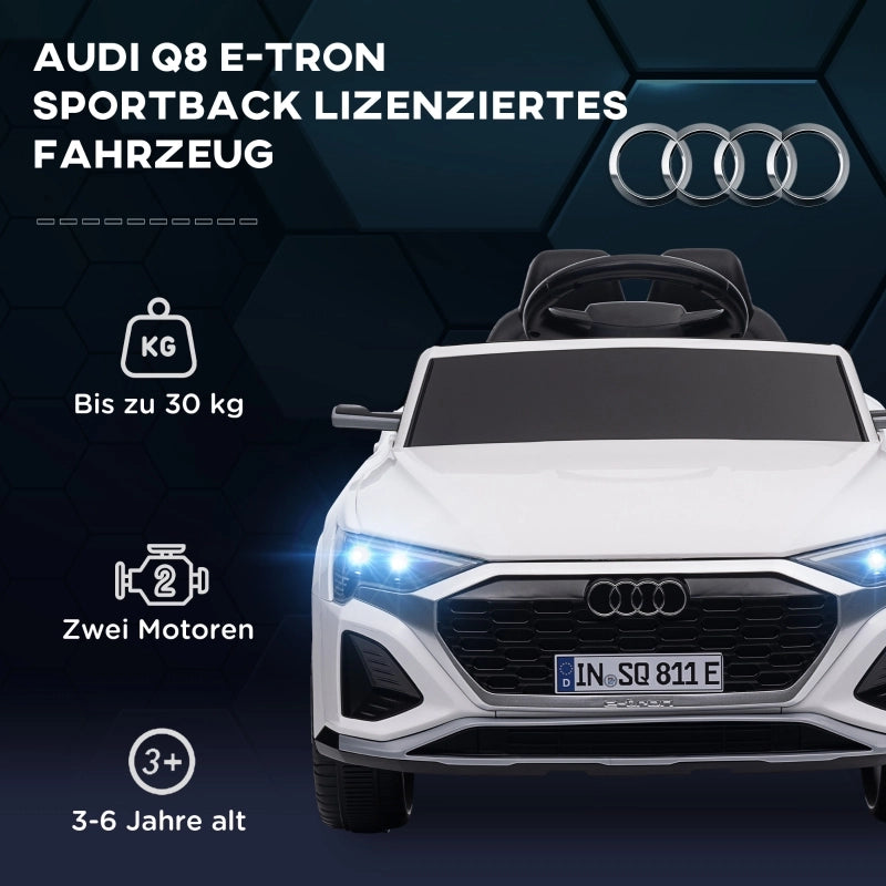 Auto elettrica per bambini, Audi Q8 12V, 3-5 km/h, telecomando, fari, musica, bianca