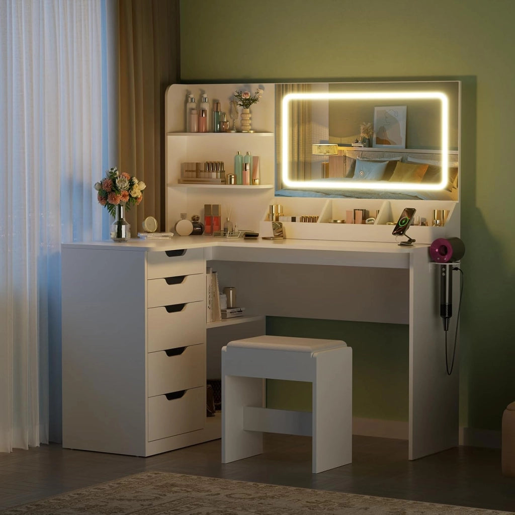 Toeletta Trucco con Luci,Postazione Trucco con Sgabello,Tavolo da Trucco con Specchio,Tavolo ad Angolo con Presa Elettrica, 5 Cassetti, Ripiani Aperti,Moderno per la Camera (Bianco)