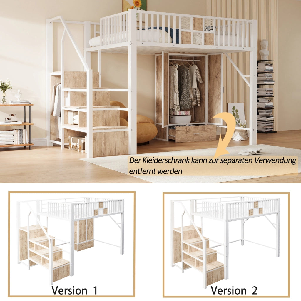 Letto a soppalco 140x200 cm con armadio e scala contenitore
