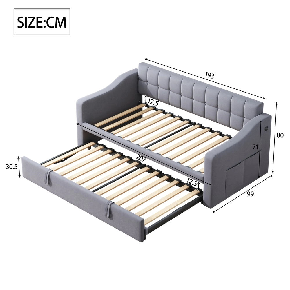 Letto Imbottito 2 in 1 con Divano ¨C MINIMAL ¨C Grigio Velluto 90x/180x con Presa e Tasca