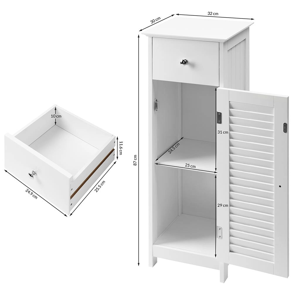 Mobile Bagno con Anta e Cassetto Mobiletto 2 Ripiani Legno MDF Bianco 32x30x87cm