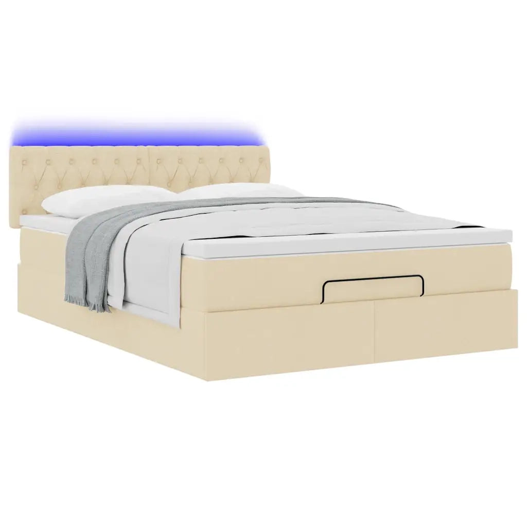 Pouf Letto con Materasso e LED Crema 140x200 cm in Tessuto