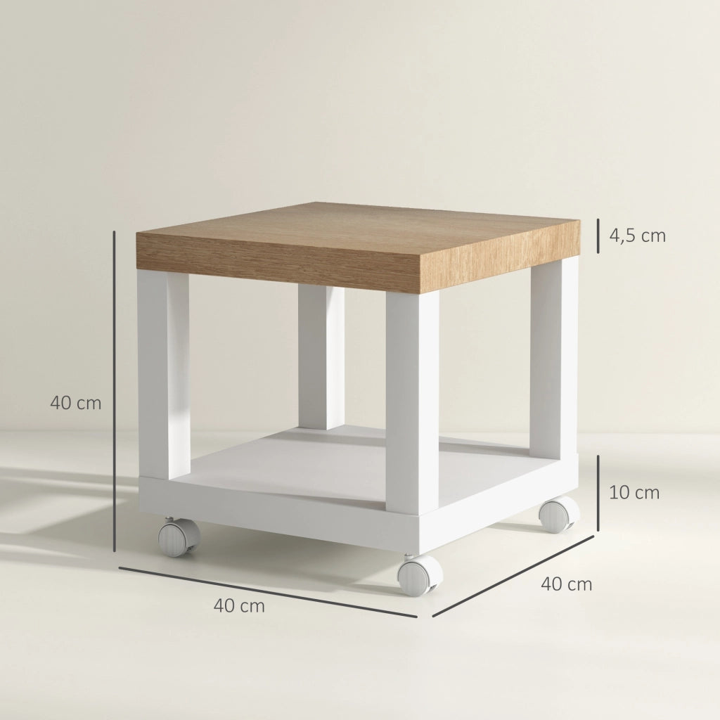 Tavolino con Ruote e Ripiano Aperto ¨C Zephmum ¨C Naturale e Bianco 40x40x40 cm
