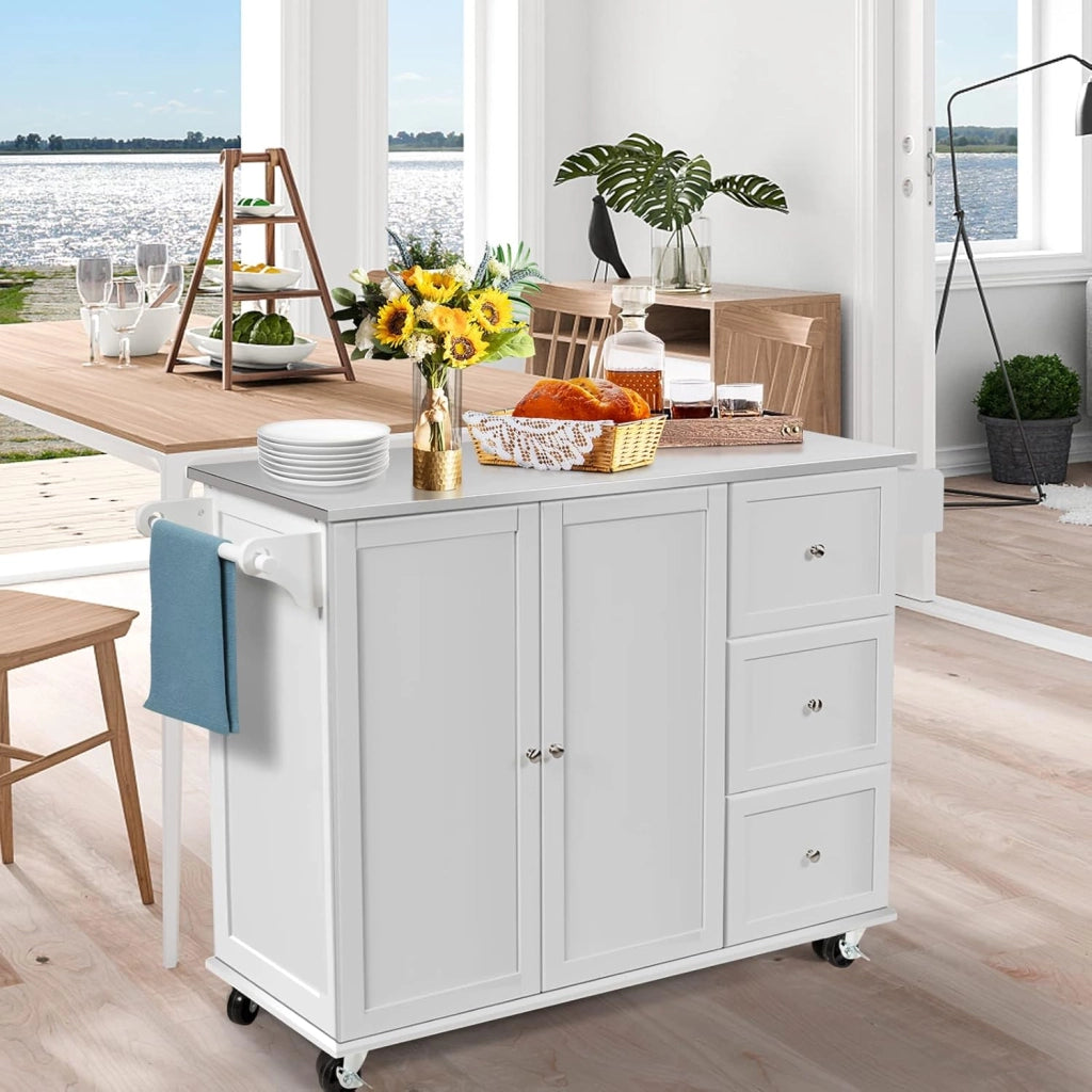 Carrello da cucina con piastra in acciaio inox, armadio da cucina con ruote, isola mobile con 3 cassetti e ripiani regolabili, carrello da servizio, carrello da cucina, carrello da cucina, 135