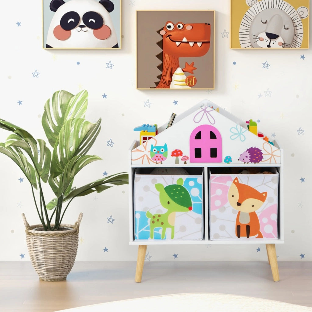 Libreria a forma di casa per bambini-Scaffale libreria in legno con 2 contenitori rimovibili gambe in legno massello Bianco