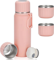 Bottiglia termica, acciaio inossidabile, set regalo, 750 ml, bottiglia termica con 3 tazze, bottiglia di vetro a prova di perdita per caffè, tè, mantiene caldo per 6 ore e freddo (rosa)
