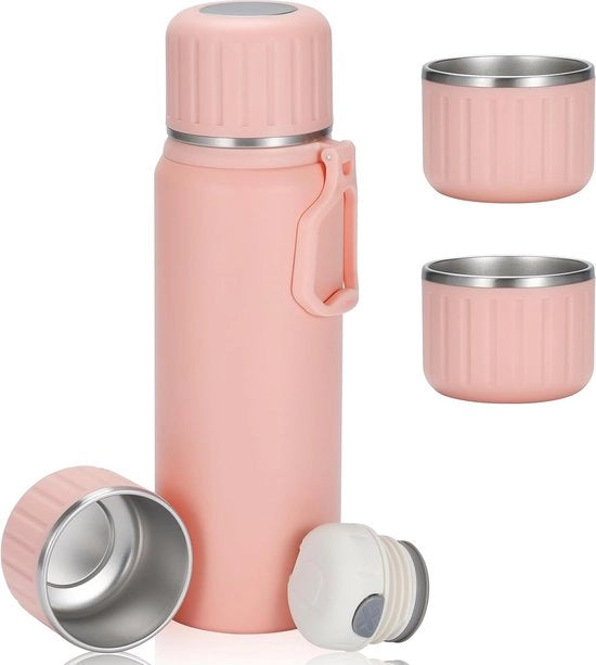 Bottiglia termica, acciaio inossidabile, set regalo, 750 ml, bottiglia termica con 3 tazze, bottiglia di vetro a prova di perdita per caffè, tè, mantiene caldo per 6 ore e freddo (rosa)