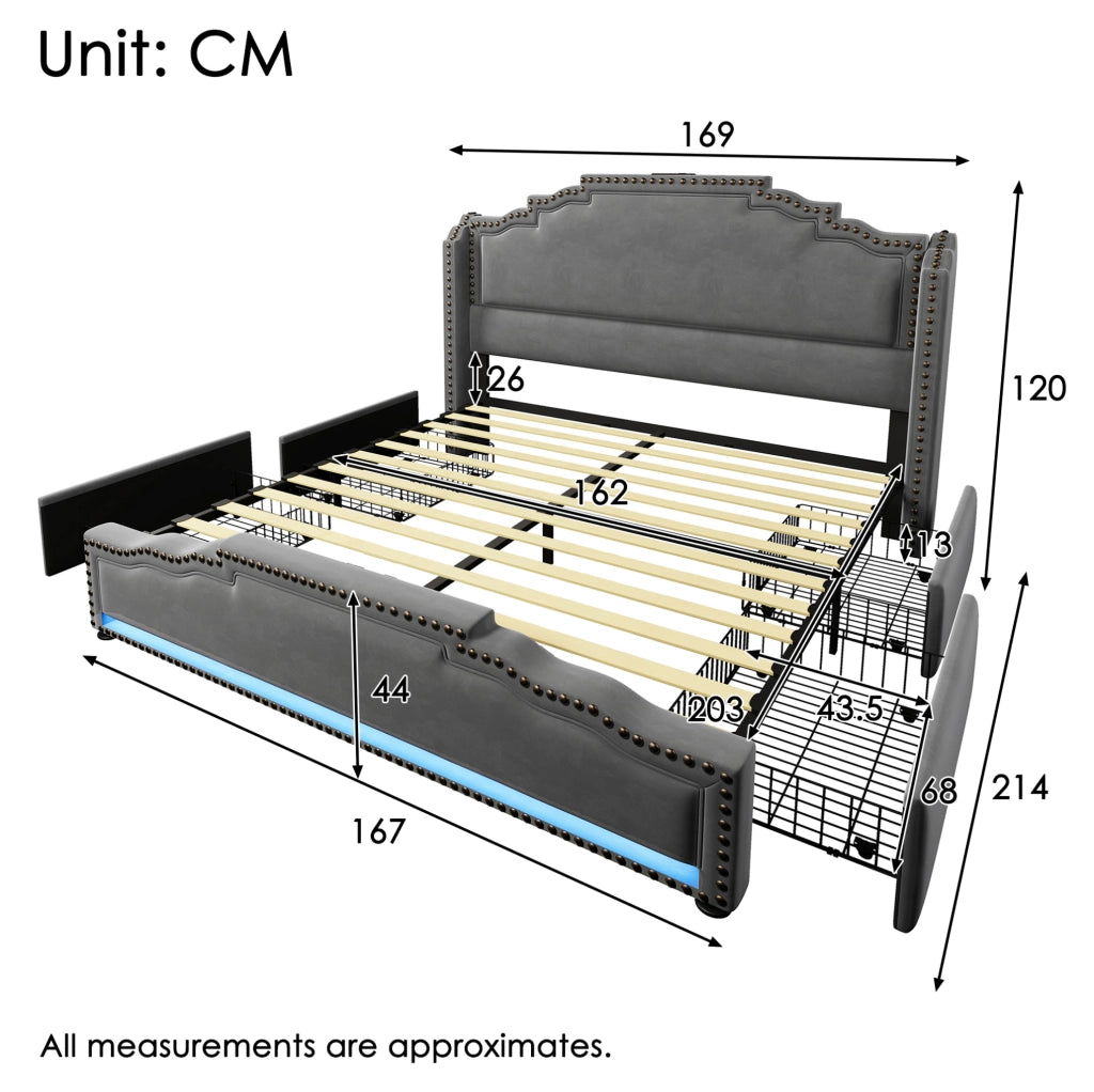 Letto matrimoniale 160x200 cm con 4 cassetti; LED; prese USB e Type-C; velluto grigio