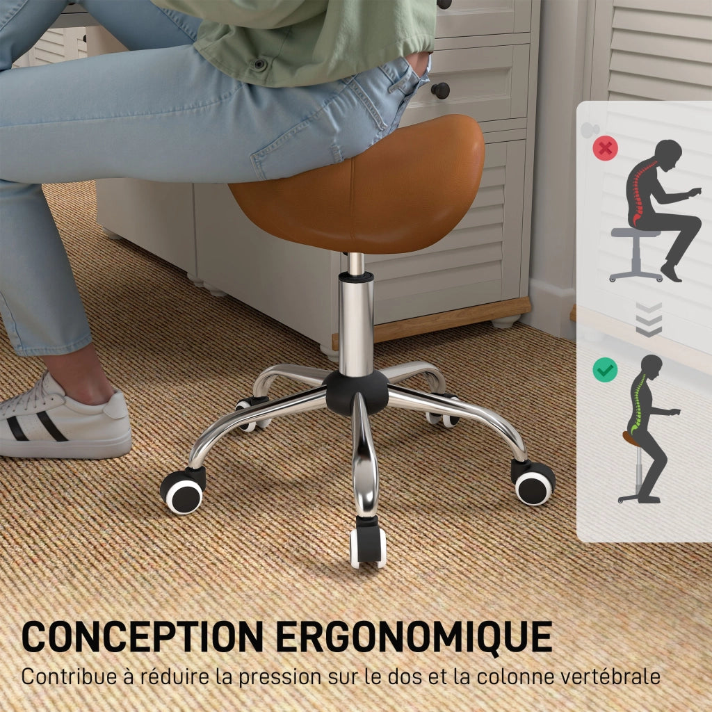 Sgabello da lavoro con rotelle e sella ergonomica ¨C zephmum ¨C marrone 52x53x49-61cm