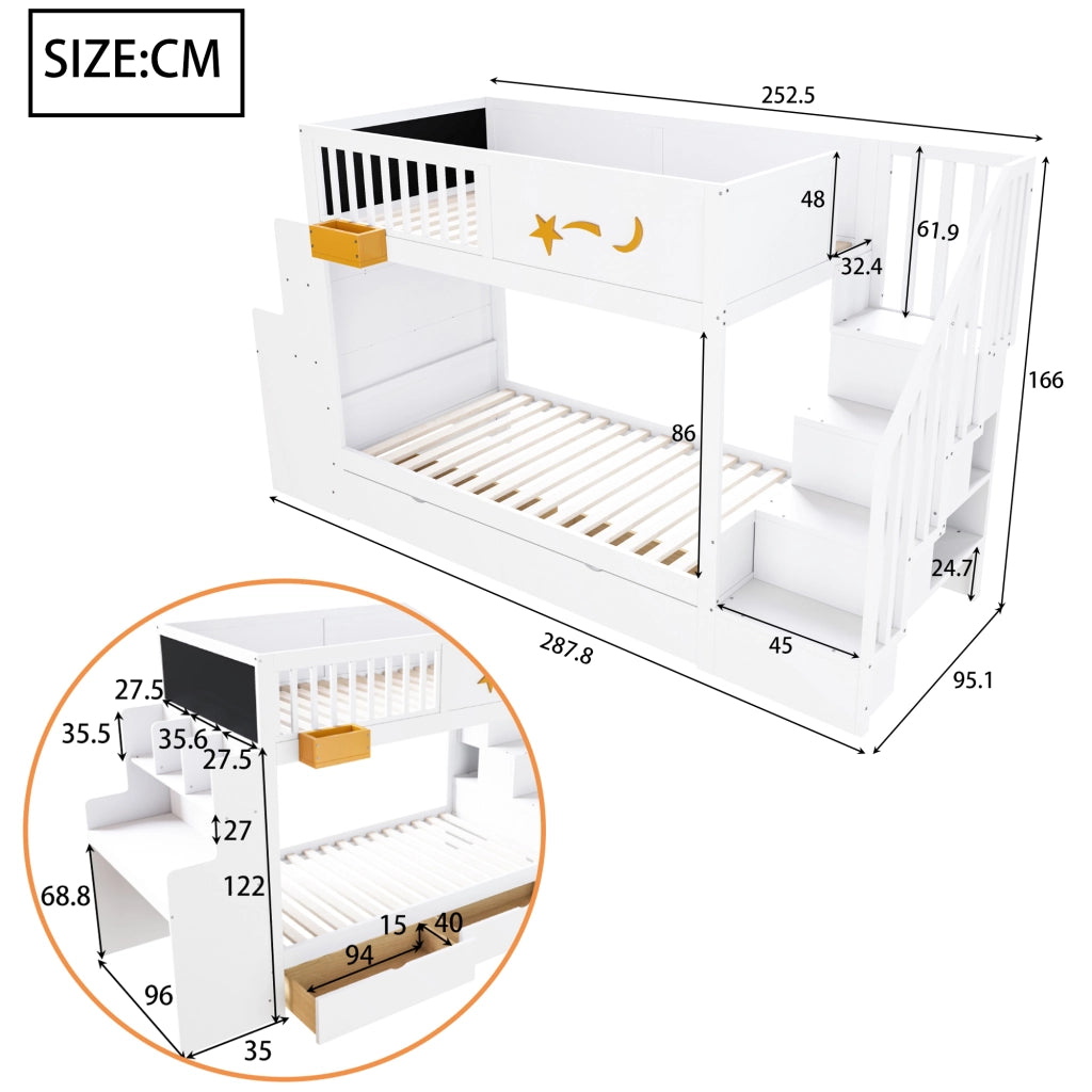 Letto a Soppalco Letto Singolo con 2 Cassetti; Scala di Sicurezza e Scrivania 90×200 cm; senza Materasso; Bianco