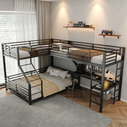 Letto a castello a due livelli con tre posti letto, scrivania e presa USB e Type-C, nero in metallo e MDF
