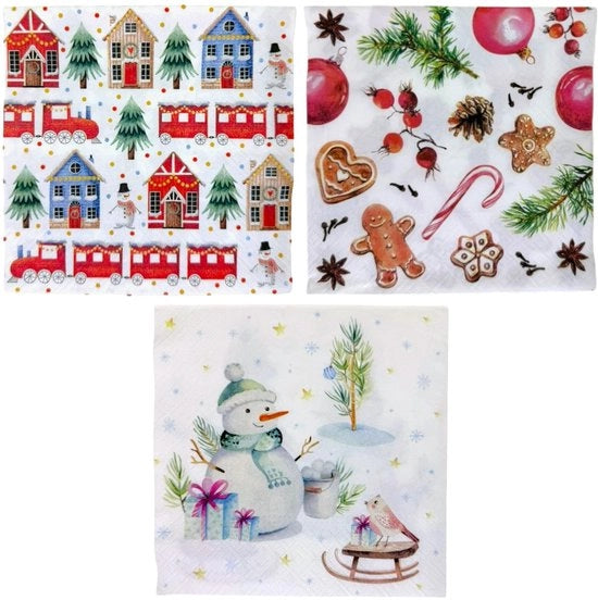 Serviette decorativa per Natale 3 strati - Set di 48 pezzi - Serviette in carta decorativa - Senza cloro - Colori ecocompatibili - Disegni festivi - Serviette per festa