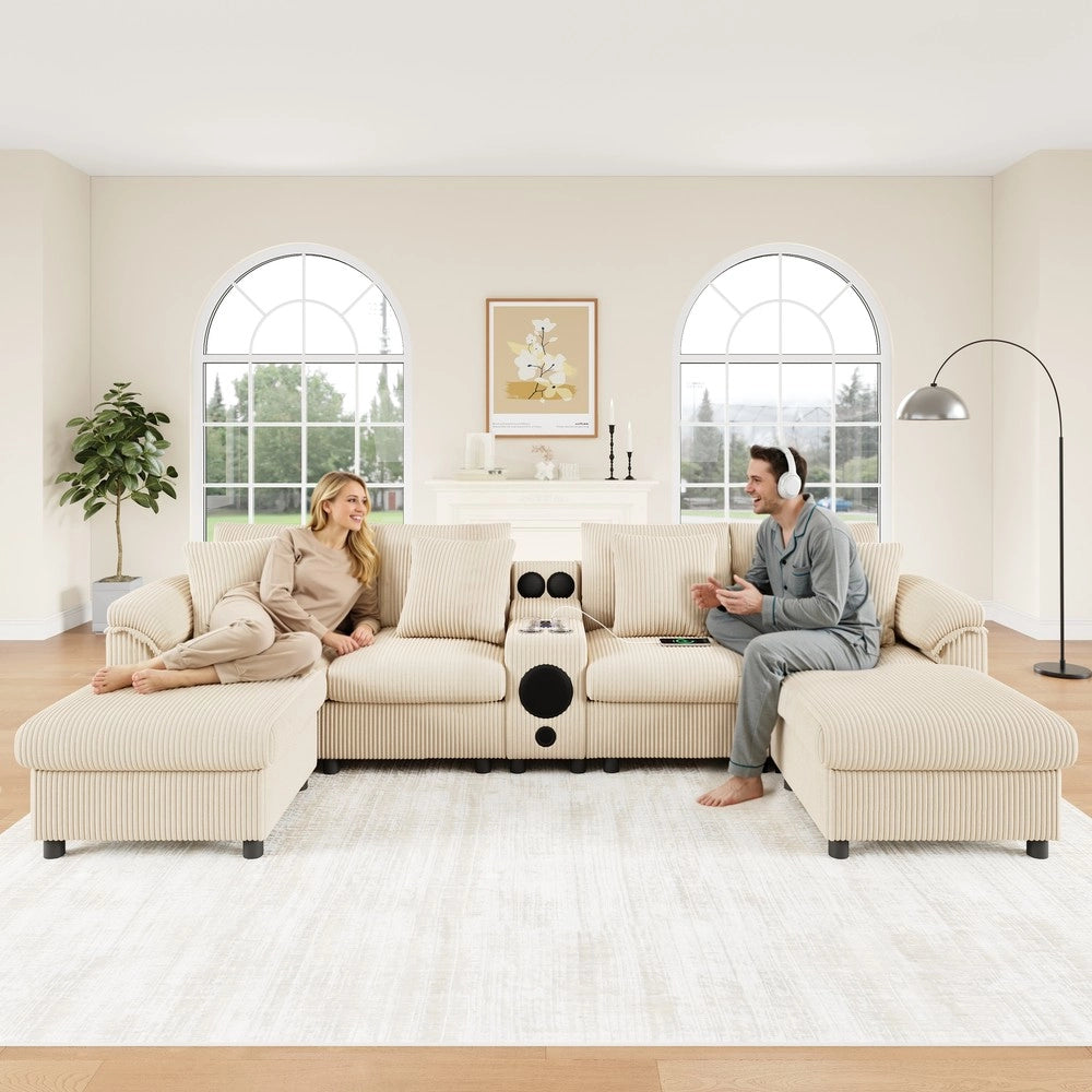 Divano angolare ¨C Minimal ¨C Beige tessuto imbottito con contenitore cuscini 4 posti