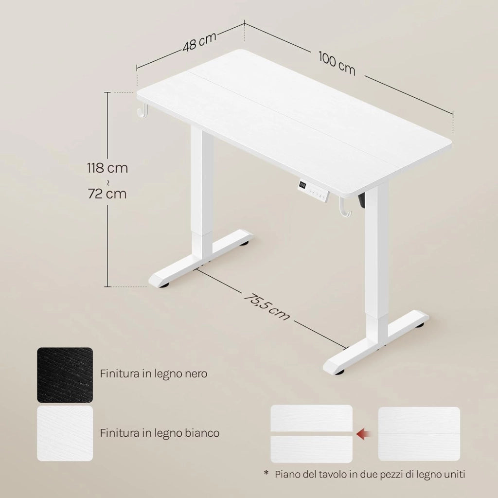 Scrivania Elettrica Regolabile in Altezza 72-118 cm, con 3 Memorie e 2 Ganci – Bianco, Silenziosa, Capacità di Carico 80 kg – per Ufficio, Casa, Gaming e Studio, 100x48 cm