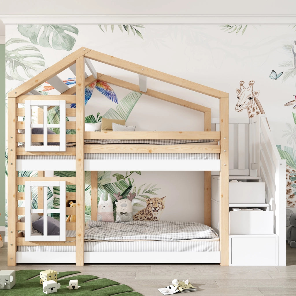 Letto a castello con funzione di contenitore in legno massello e MDF naturale e bianco 90x200 cm