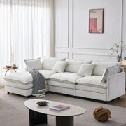 Divano angolare modulare 3 posti in ciniglia beige con pouf HOMVRA