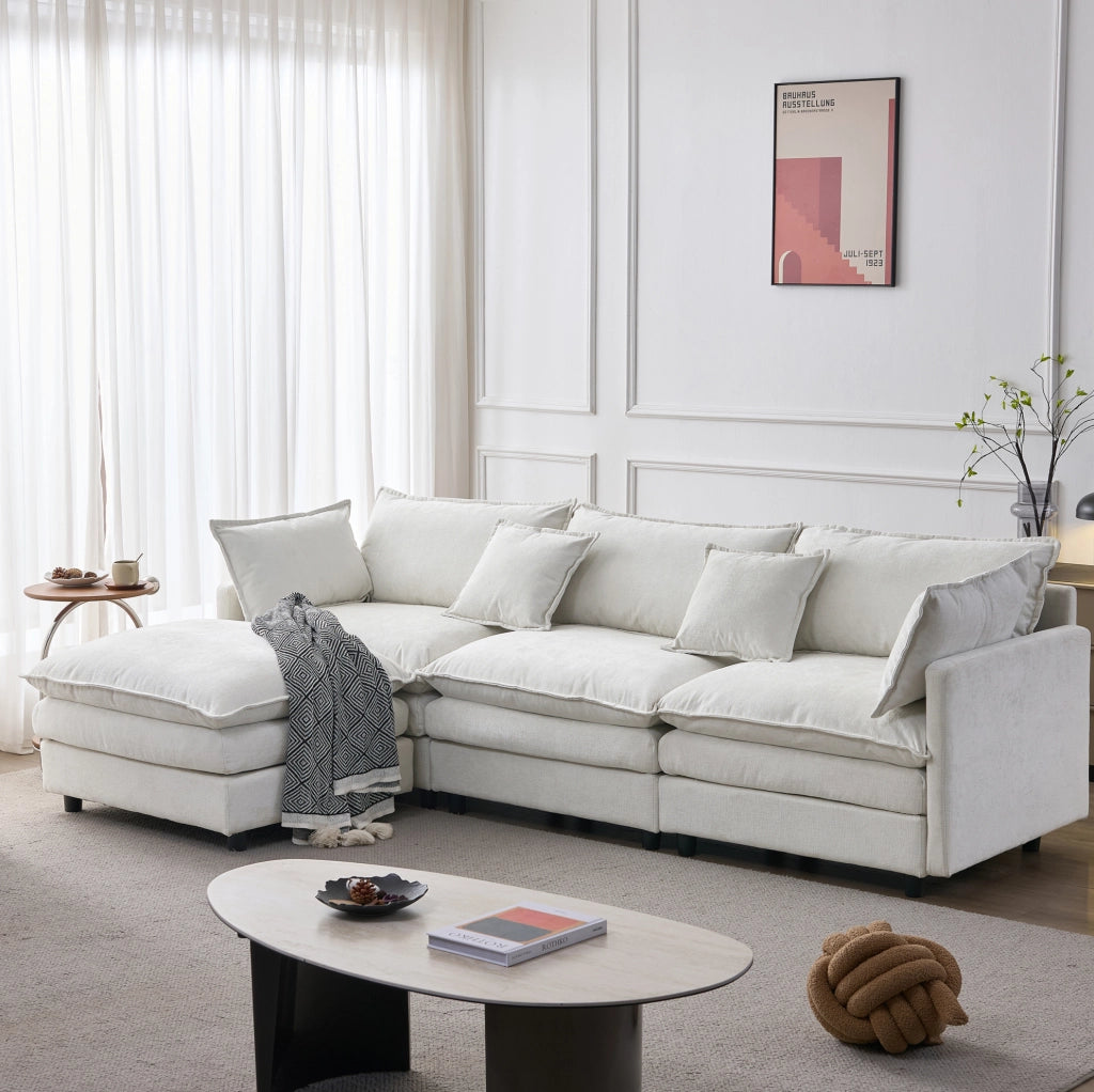 Divano angolare modulare 3 posti in ciniglia beige con pouf HOMVRA