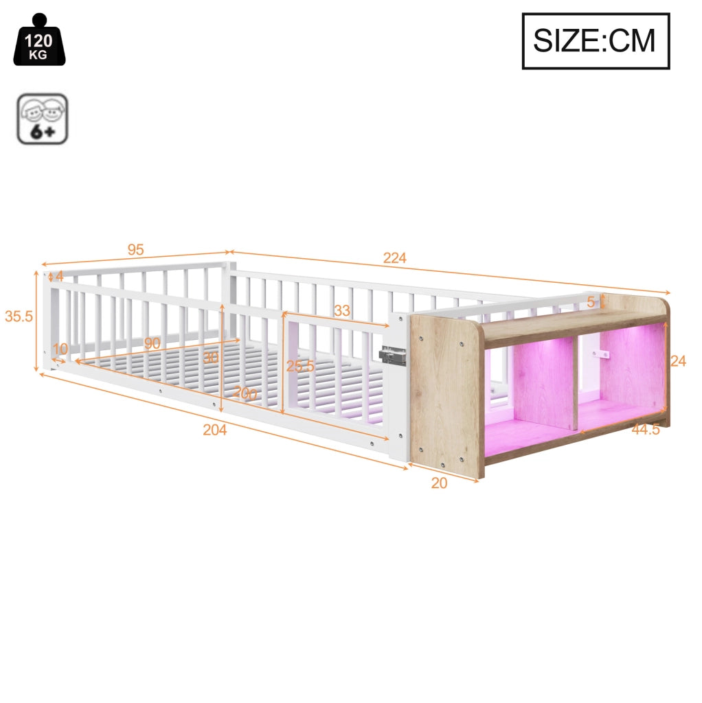 Letto singolo in metallo con protezione laterale, vano aperto e illuminazione LED