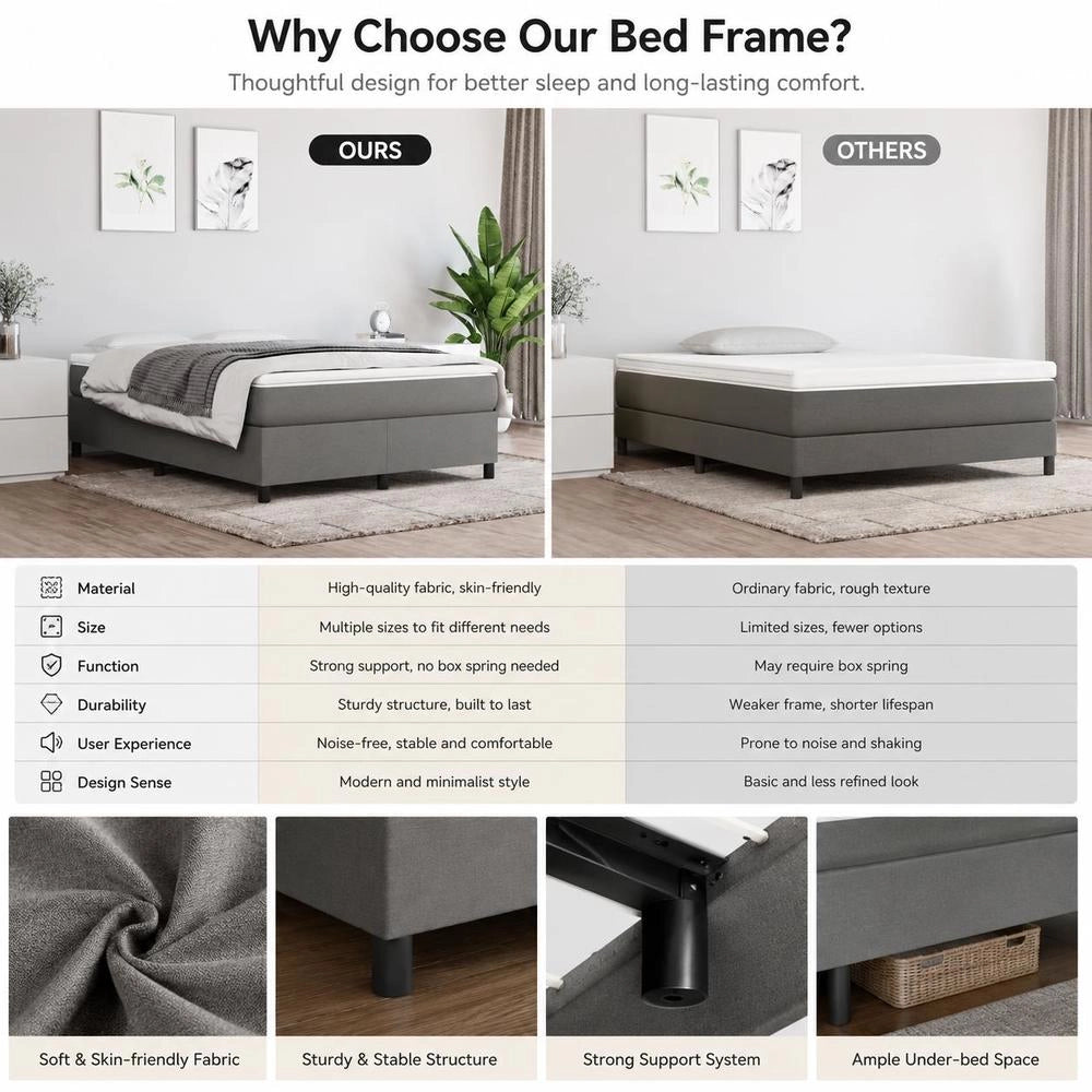Box Spring Bed Frame, Dark Grey, 140x190 Cm, Fabric