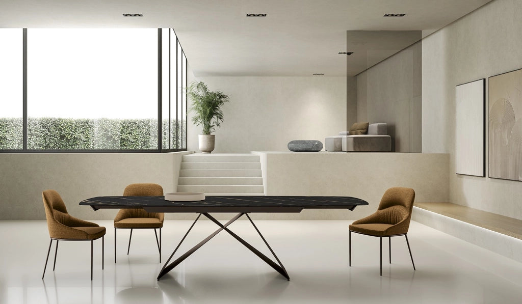 Tavolo Allungabile Thanos X - Piano in Ceramica Marmo Portoro Nero, Struttura Metallo Verniciato Nero, 200-280x100 cm, Design Moderno