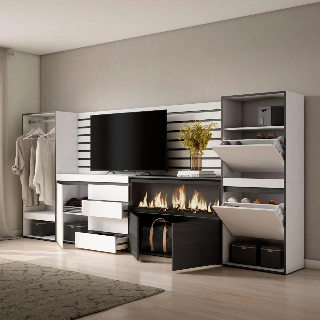 Credenza, 334x35x145cm, Camera da letto, Camino elettrico XXL, Cassettiera, Scarpiera, Armadio Aperto, Bianco RF3389