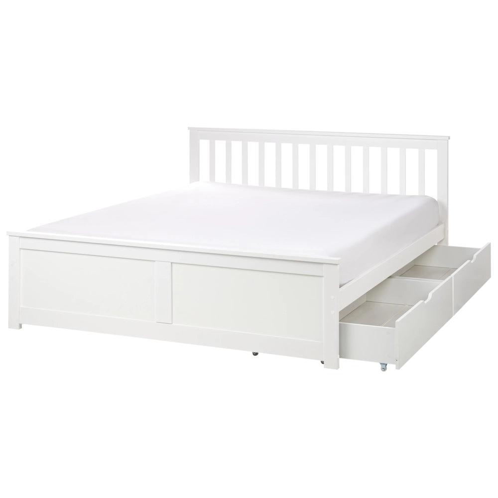 Letto matrimoniale Legno di Pino bianco con Rete a Doghe con 2 cassetti 160 x 200 cm Testiera a doghe minimalista