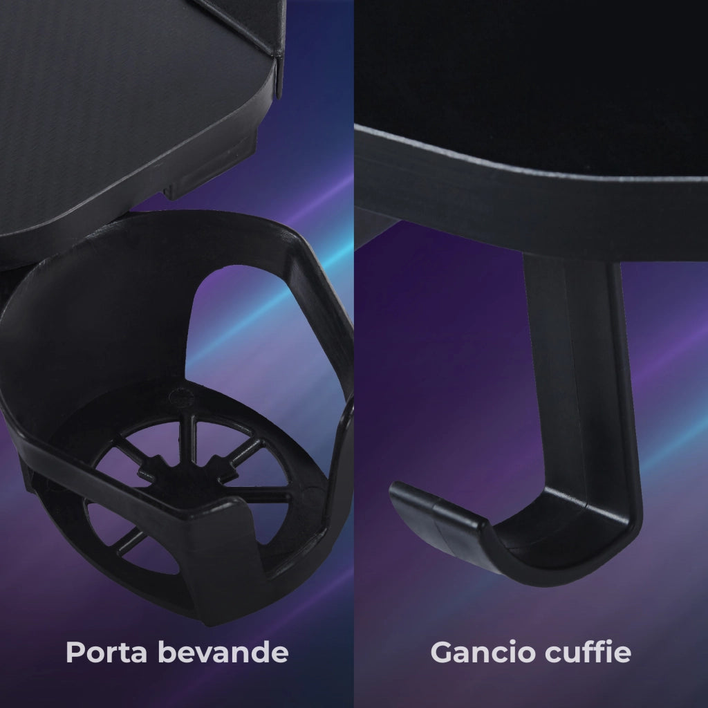 Scrivania Gaming con Luci RGB 120x60 cm, Tavolo Gamer con Porta Bicchiere e Gancio Cuffie, Desk PC Design Ergonomico Nero, Postazione Gaming e Studio