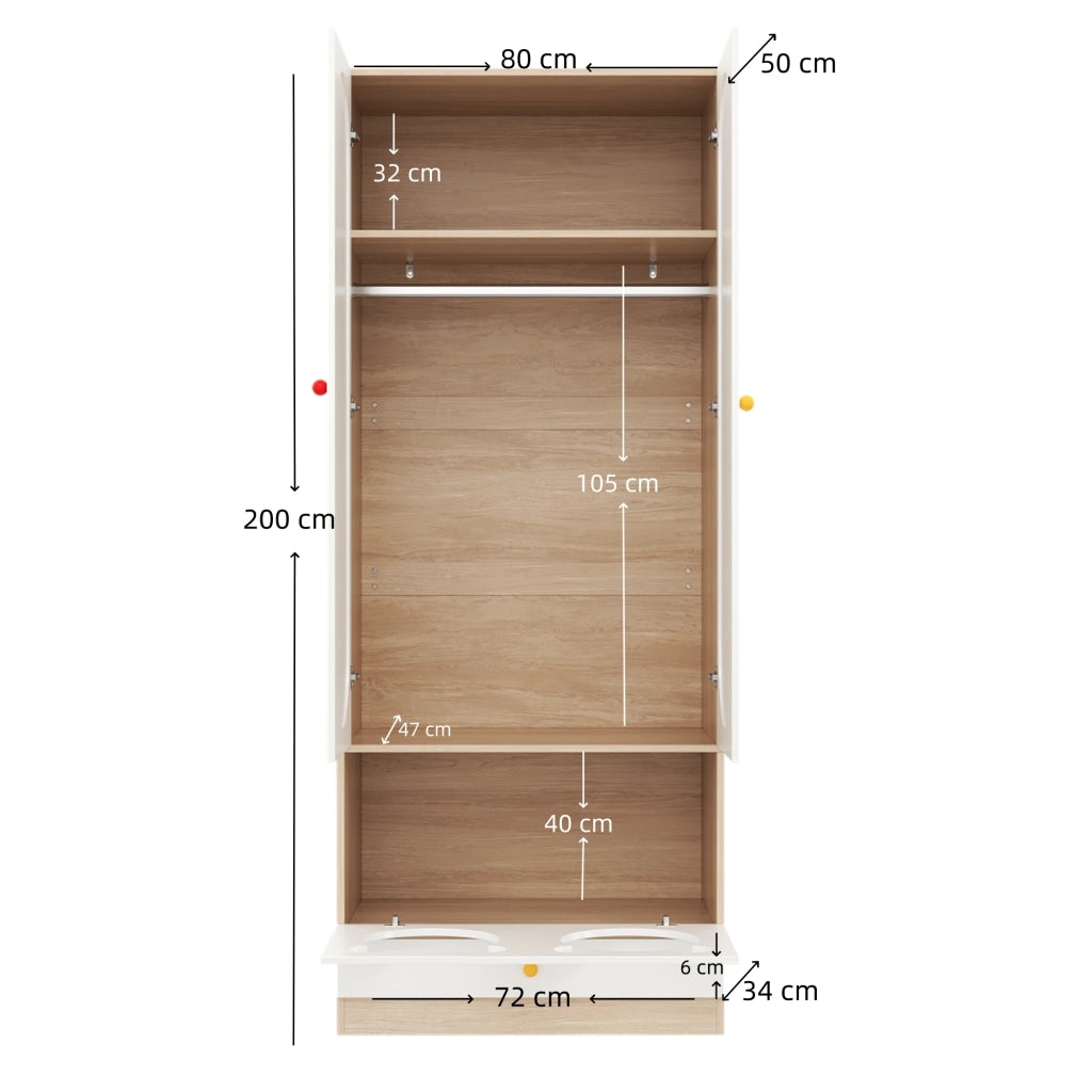 Armadio a 2 ante per bambini con barra appendiabiti e cassetti, 80 × 50 × 200 cm, bianco e effetto legno