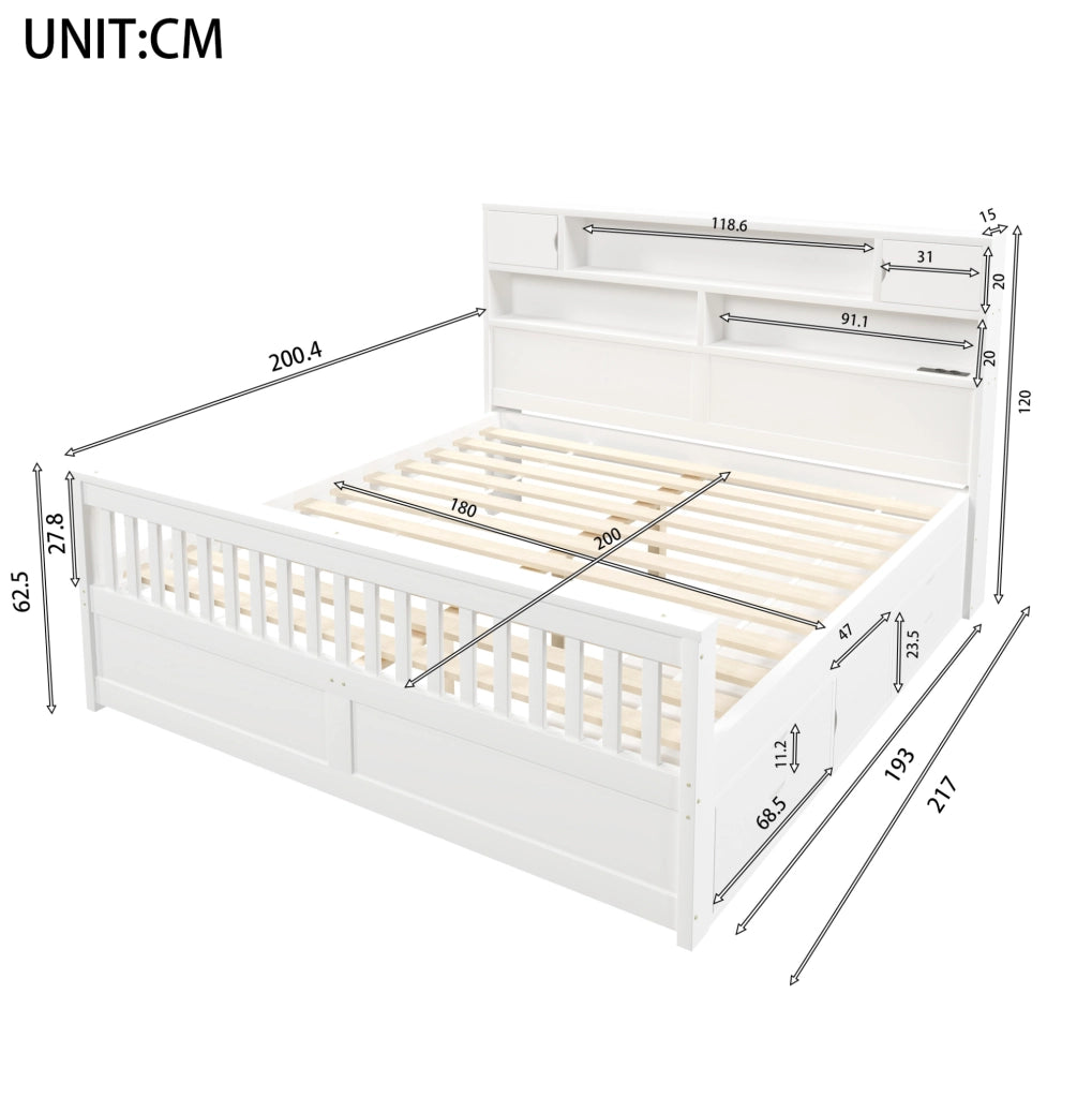 Letto matrimoniale 180x200 cm con testiera a libreria; LED e 4 cassetti in MDF e compensato; bianco