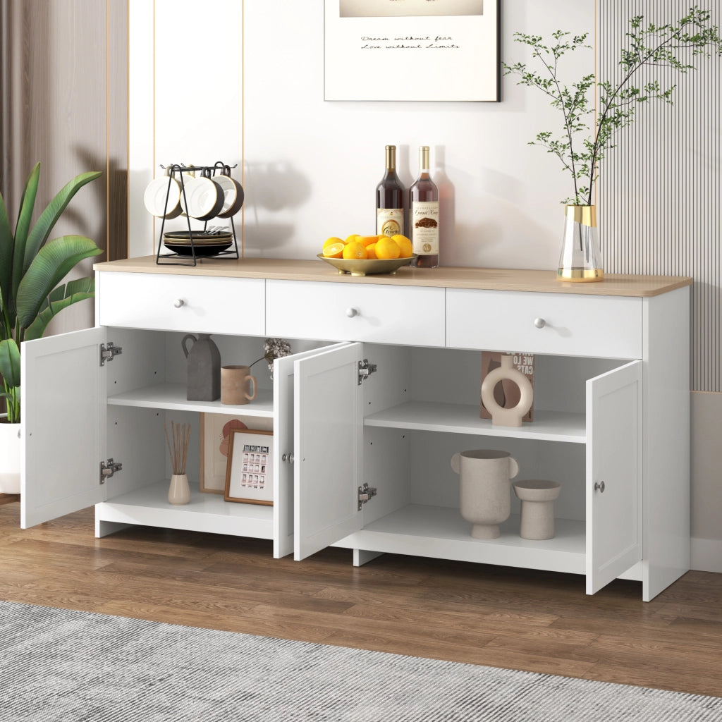 Credenza con 4 Ante e 3 Cassetti; Ripiani Regolabili; Stile Country; in MDF; Bianco; 160??37??75 cm