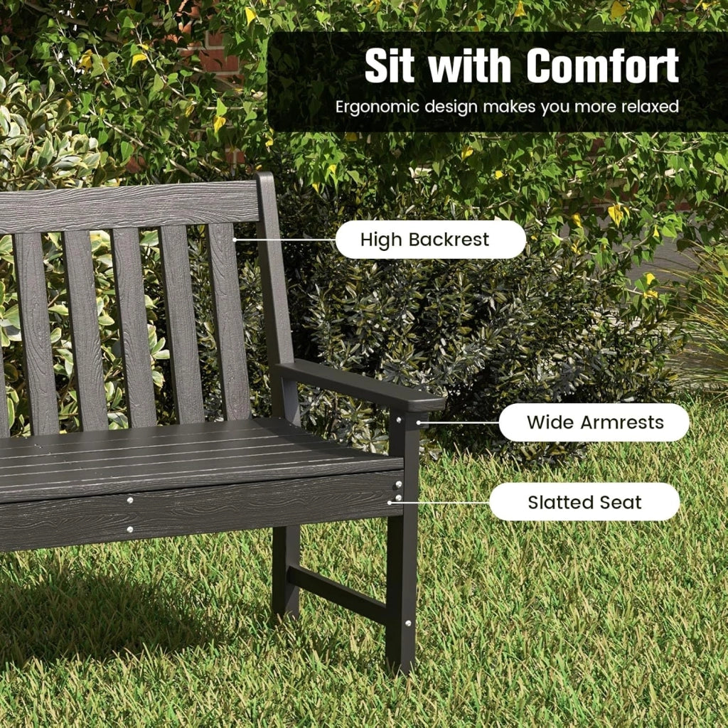 Panca da giardino per 2 persone, panca da parco in plastica con schienale alto, panca da esterno, resistente alle intemperie, per giardino, patio, terrazza, 132 x 65 x 91 cm