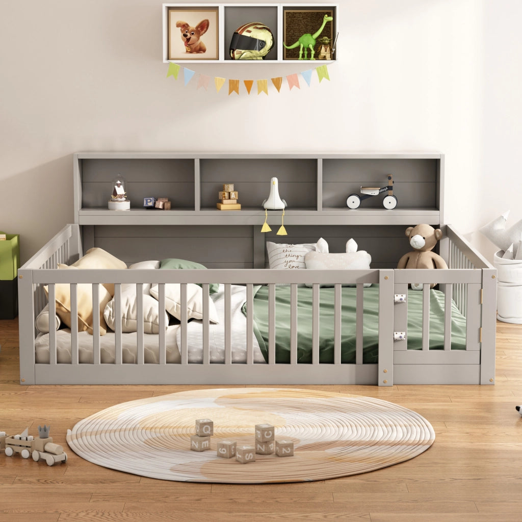 Letto daybed 205x164.5x87 cm con sponde di sicurezza e vani laterali in legno di pino e MDF grigio