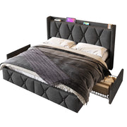 Letto Matrimoniale 140x200 cm; 2 Posti - Ricarica USB; 4 Cassetti; in Lino - Grigio